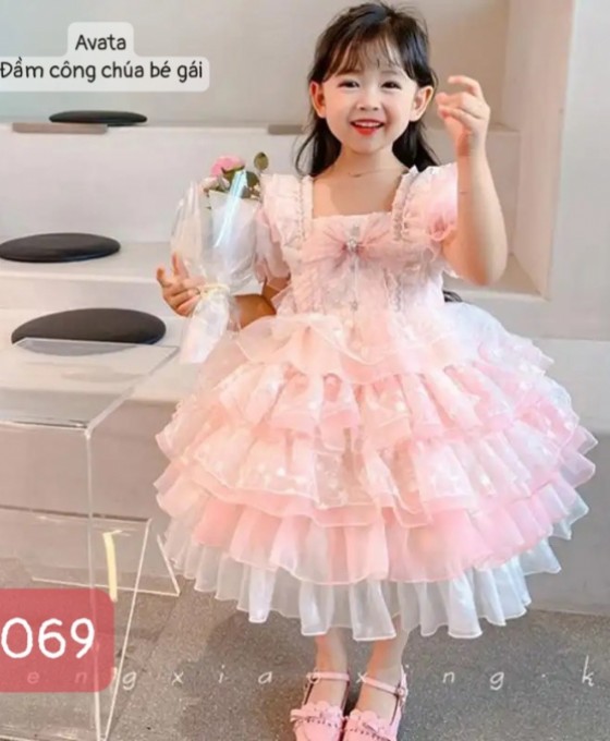 đầm công chúa dự tiệc , váy trẻ em màu hồng mã 069