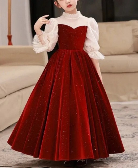 Váy Noel Cho Bé Gái Đỏ Nhung Kim Tuyến Tùng Dài